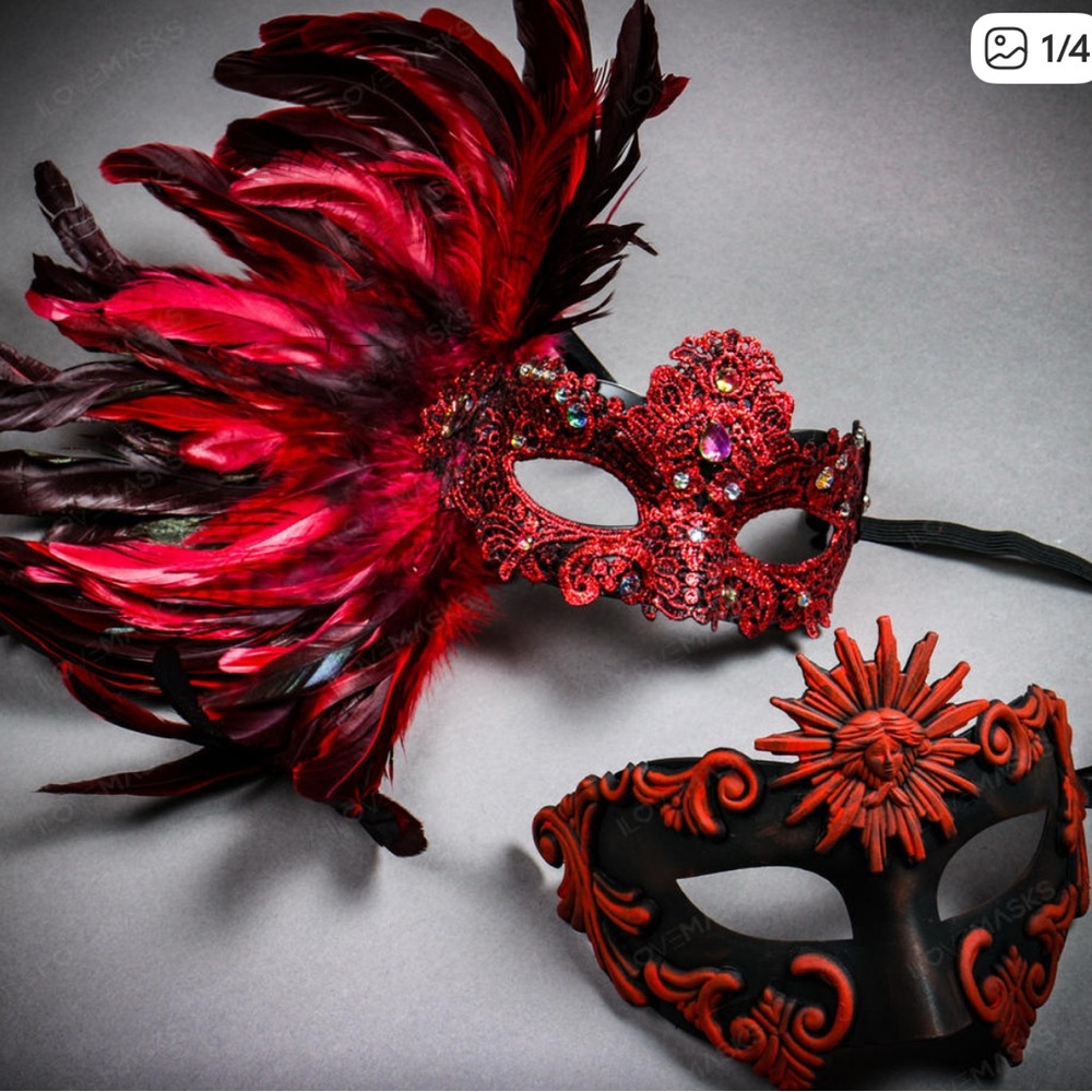 Red Roman Greek Emperor & Side Feather Lace Couple Masquerade Masks